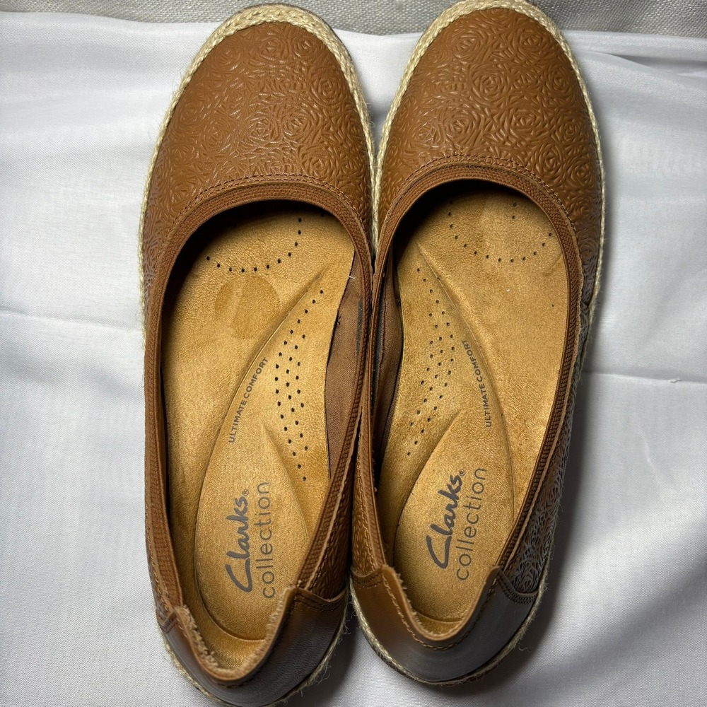 Clarks Elaina Rae Tan Leather Ballet Flats Floral Embossed Espadrille Size 7 - Picture 7 of 11
